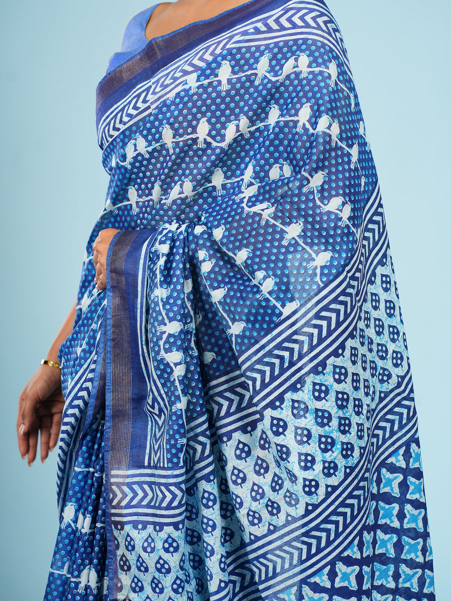 Blue Vegan Silk bird-motif print saree, back view – Koshnika