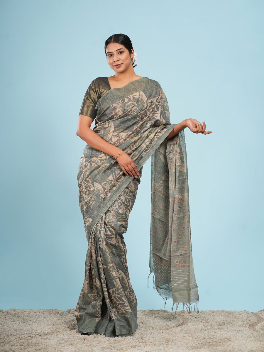 Sage green botanical-print bamboo silk saree – Koshnika