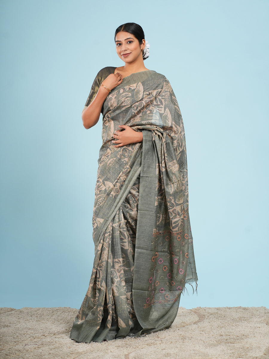 Sage green botanical-print bamboo silk saree, border detail – Koshnika