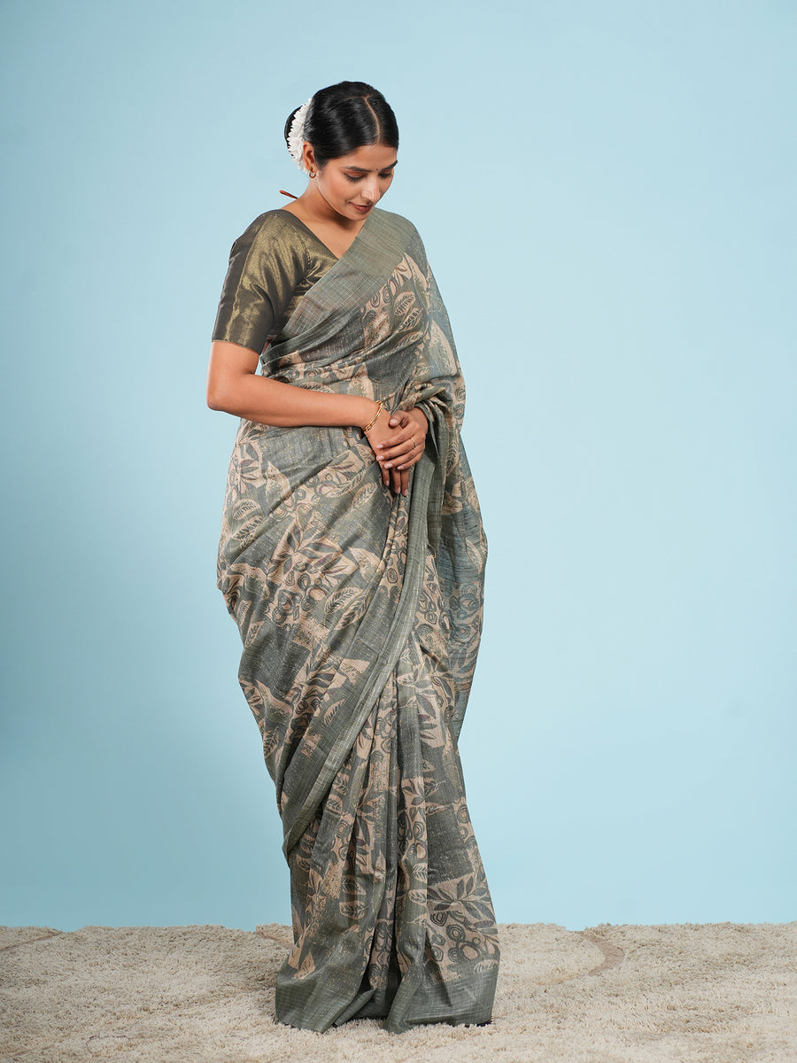 Sage green botanical-print bamboo silk saree, drape and fall – Koshnika