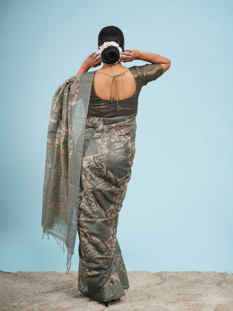 Sage green botanical-print bamboo silk saree, motif close-up – Koshnika