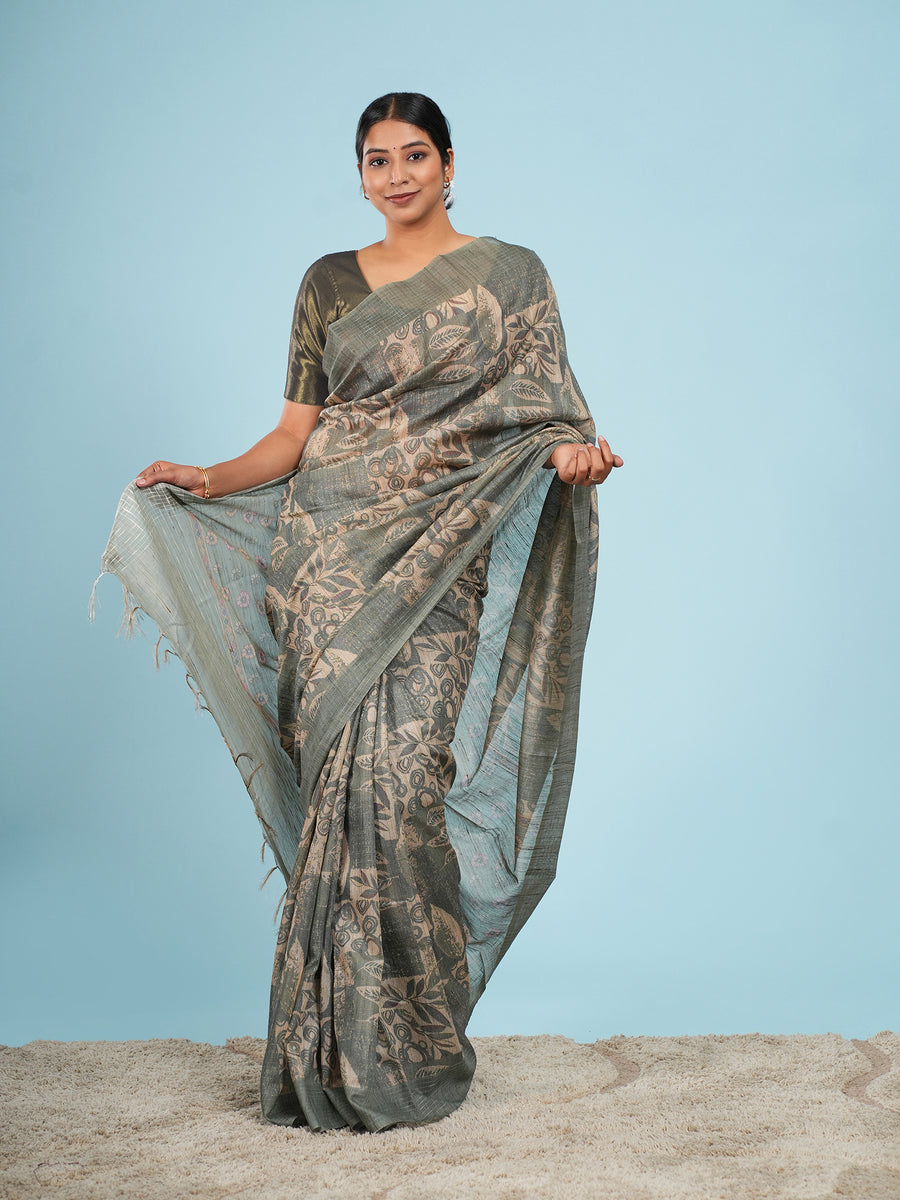 Sage green botanical-print bamboo silk saree, full-length drape – Koshnika