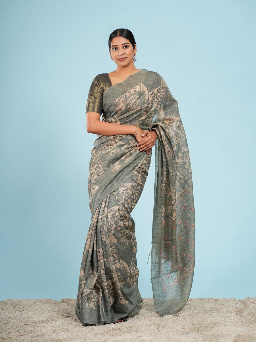 Sage green botanical-print bamboo silk saree, pallu detail – Koshnika