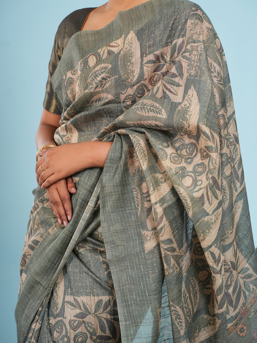 Sage green botanical-print bamboo silk saree, styled view – Koshnika