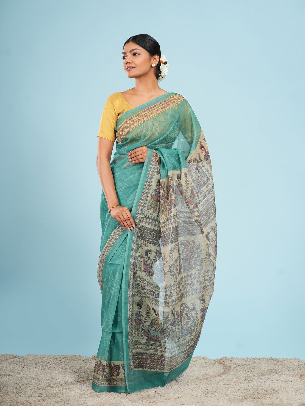 Meera Madhubani print on Tussar Sea green