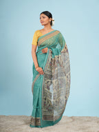 Meera Madhubani print on Tussar Sea green