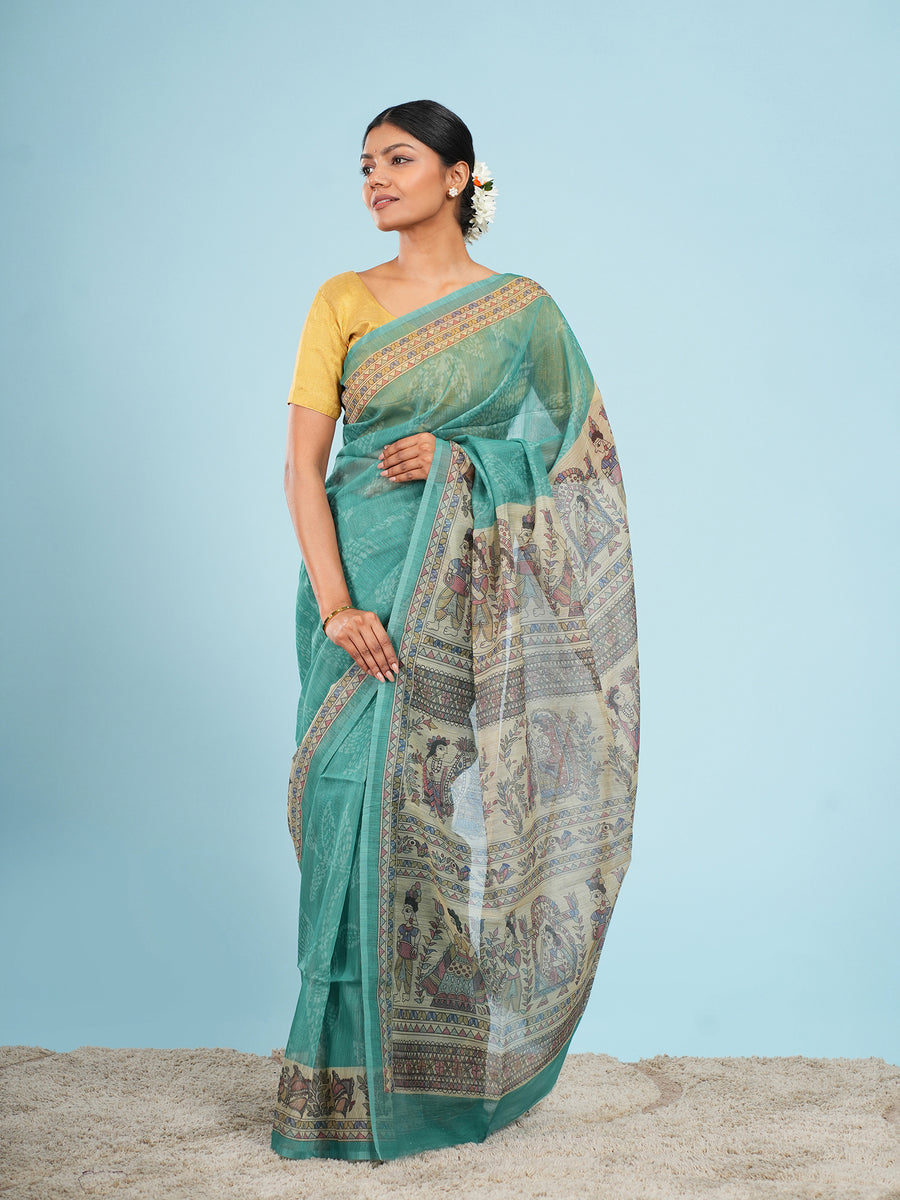 Sea green Tussar silk Madhubani-print saree, Madhubani motif close-up – Koshnika