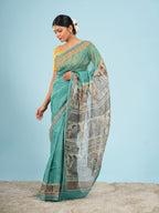 Meera Madhubani print on Tussar Sea green
