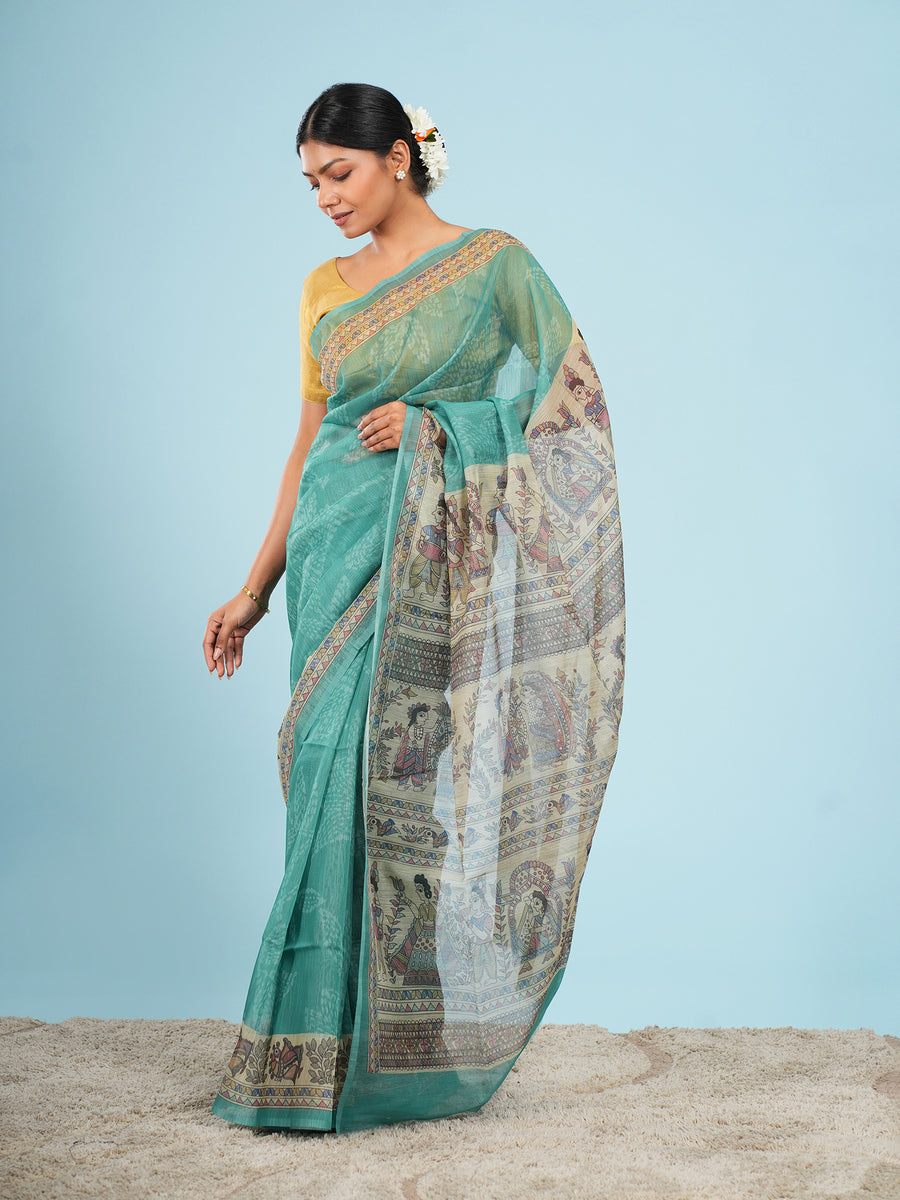 Sea green Tussar silk Madhubani-print saree, full-length drape – Koshnika
