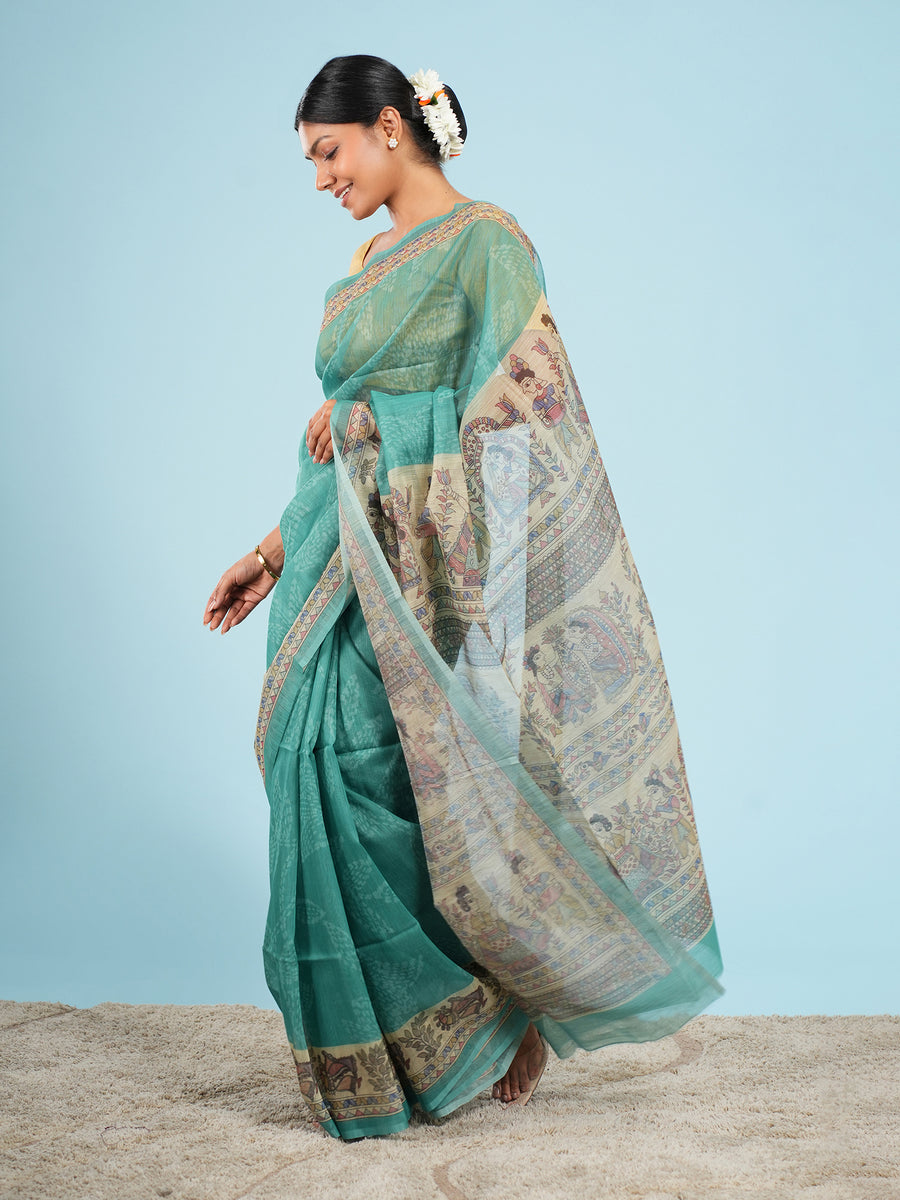 Sea green Tussar silk Madhubani-print saree, pallu detail – Koshnika