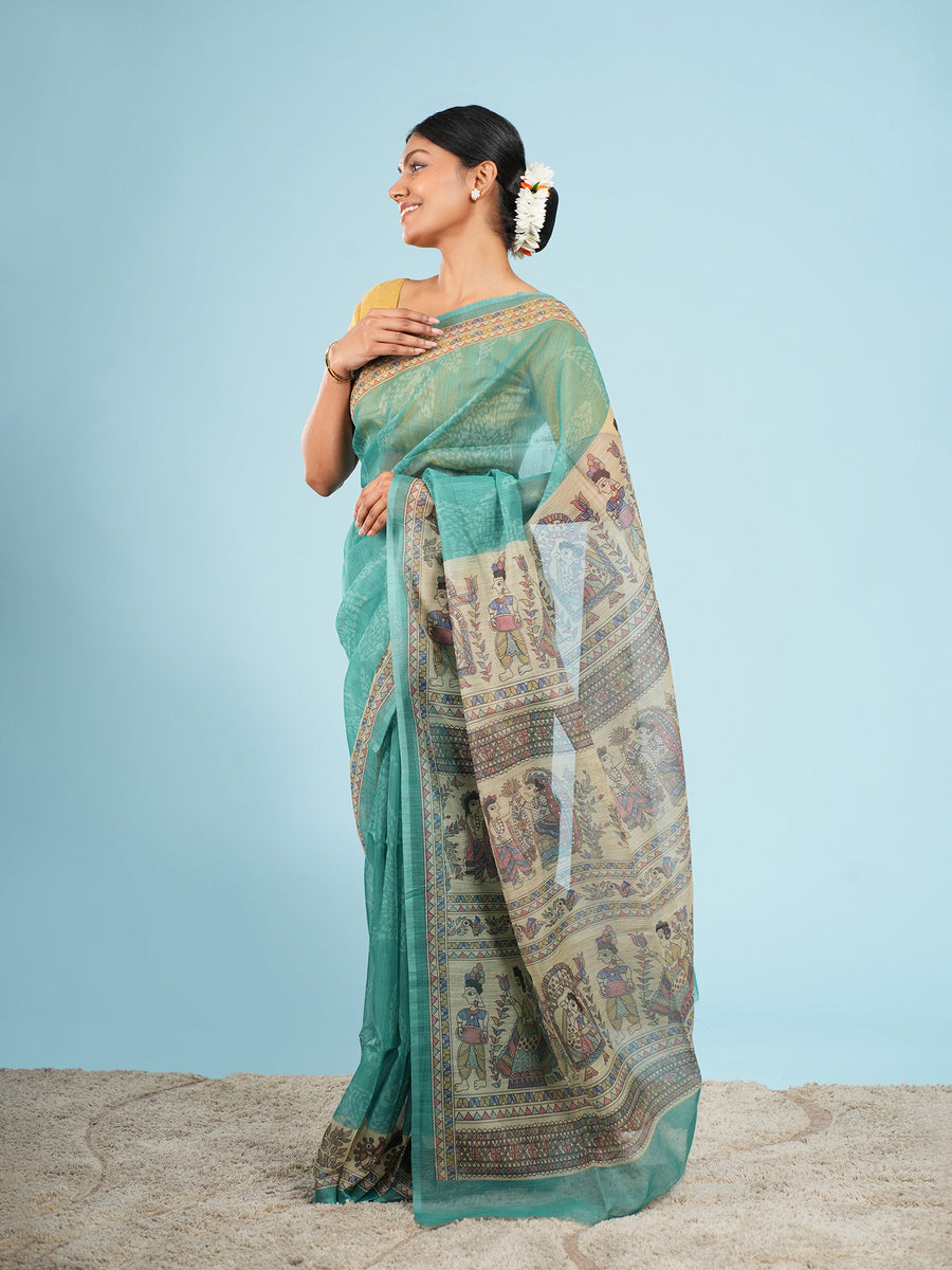 Sea green Tussar silk Madhubani-print saree, fabric texture close-up – Koshnika