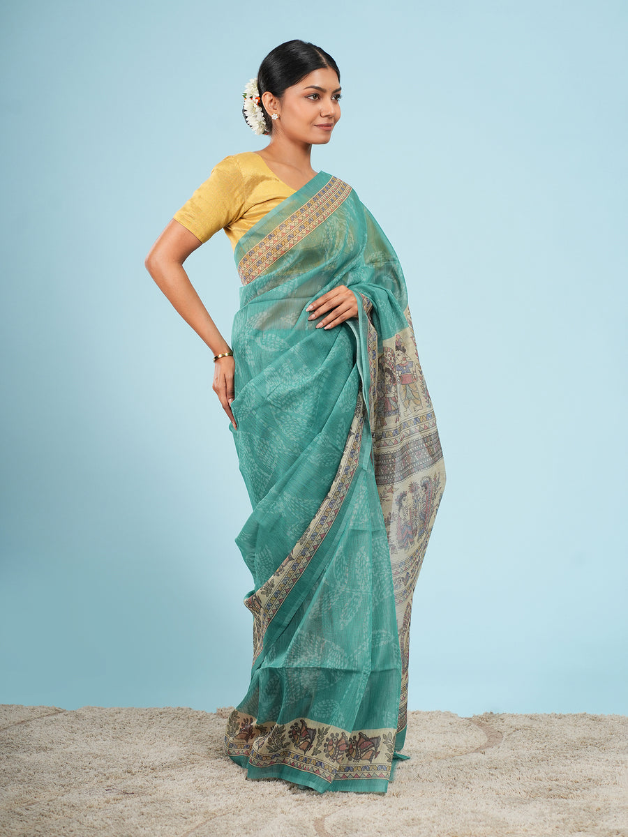 Sea green Tussar silk Madhubani-print saree, styled view – Koshnika