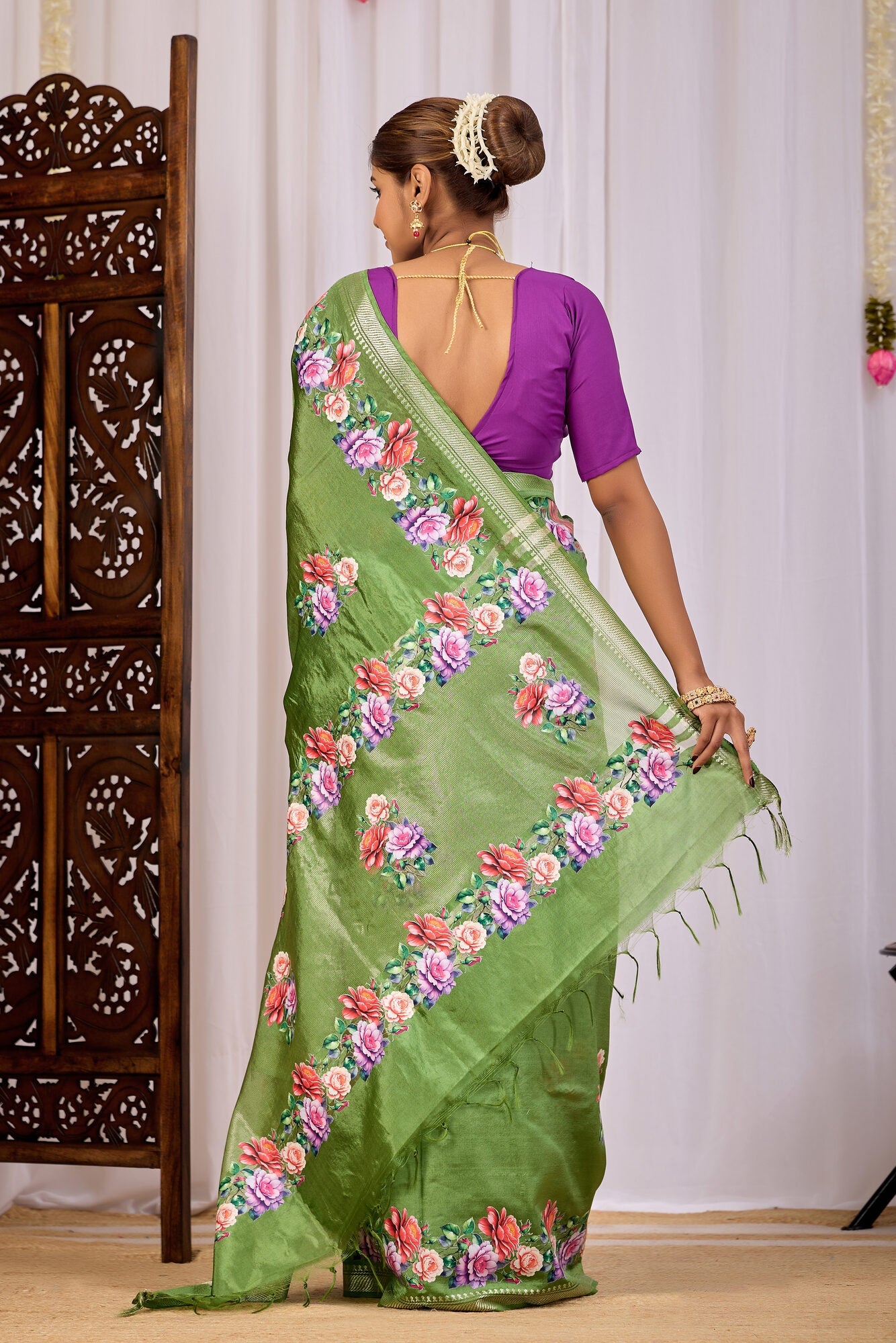 Harita Mehendi Green Banana Silk Saree — back view