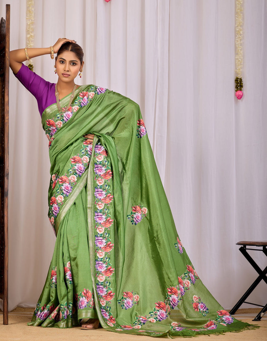 Harita Mehendi Green Banana Silk Saree — draped view