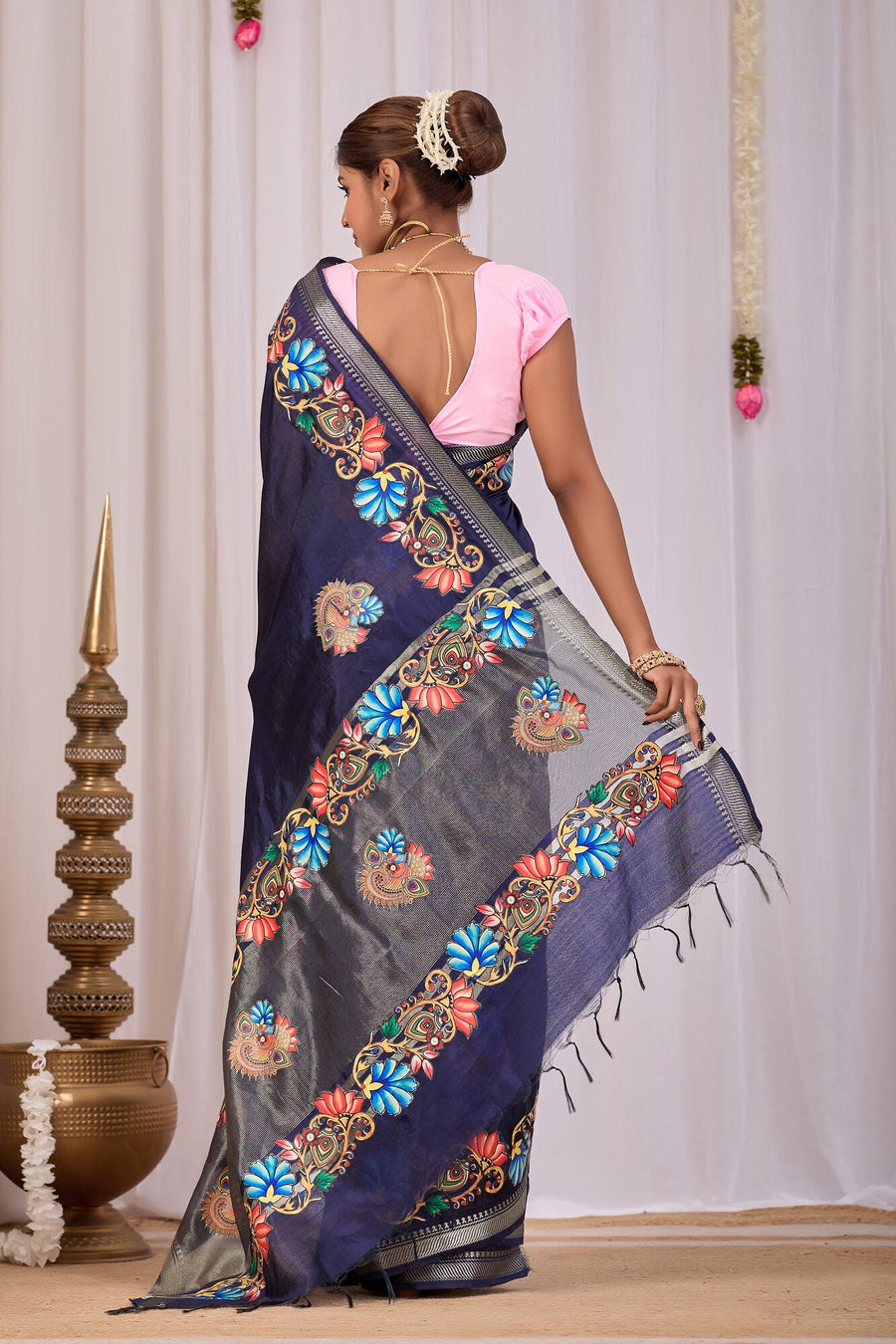 Indu Midnight Navy Banana Silk Saree — back view