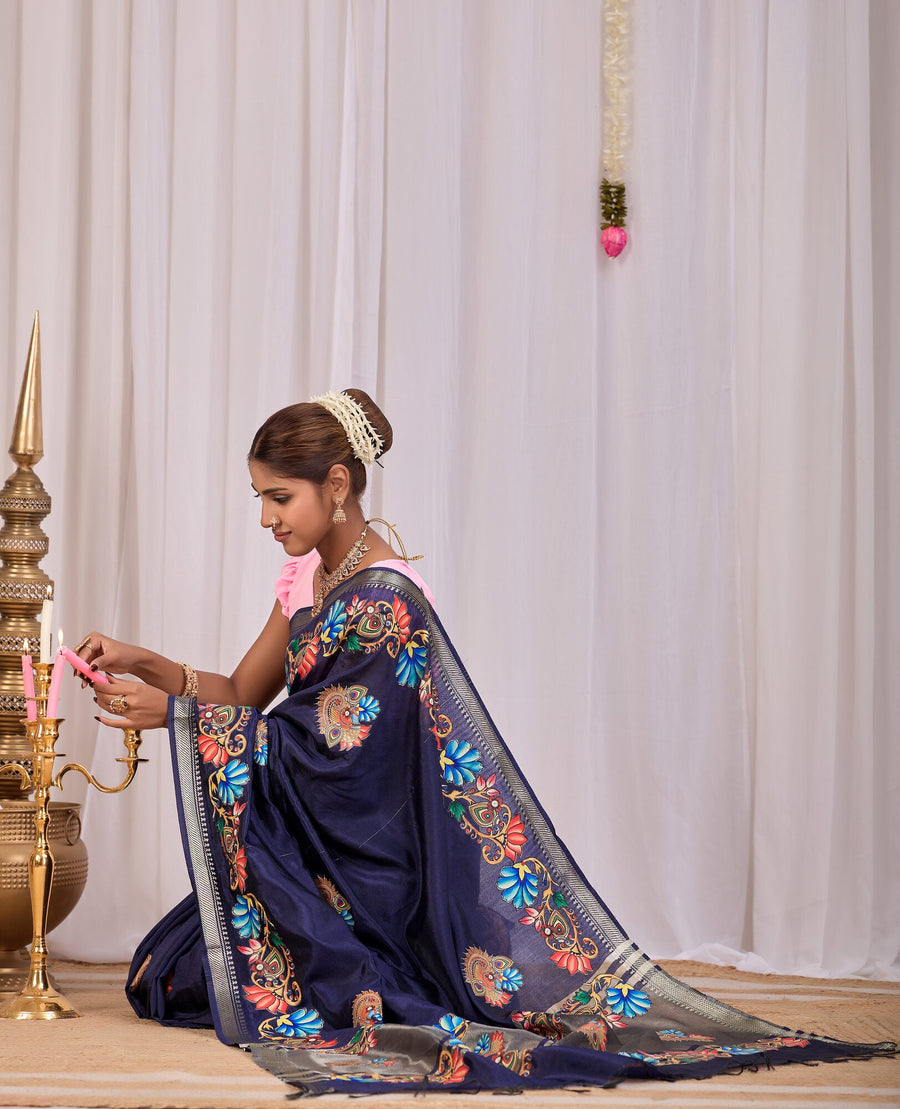 Indu Midnight Navy Banana Silk Saree — draped view