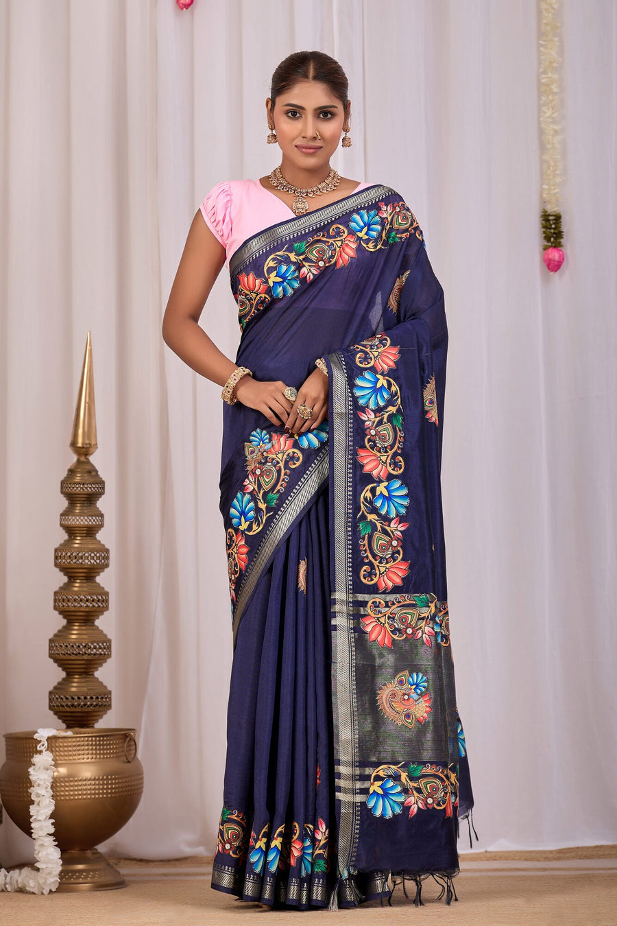 Indu Midnight Navy Banana Silk Saree — front view