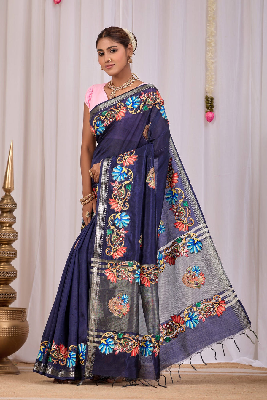 Indu Midnight Navy Banana Silk Saree — pallu detail
