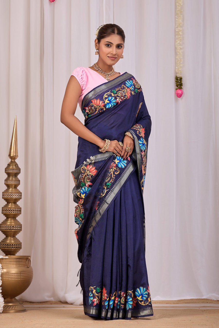 Indu Midnight Navy Banana Silk Saree — side view