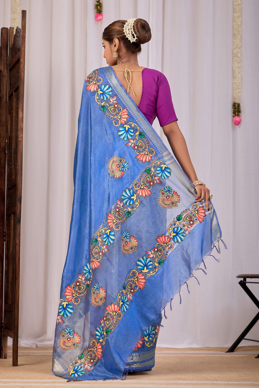 Jalaja Cornflower Blue Banana Silk Saree — back view