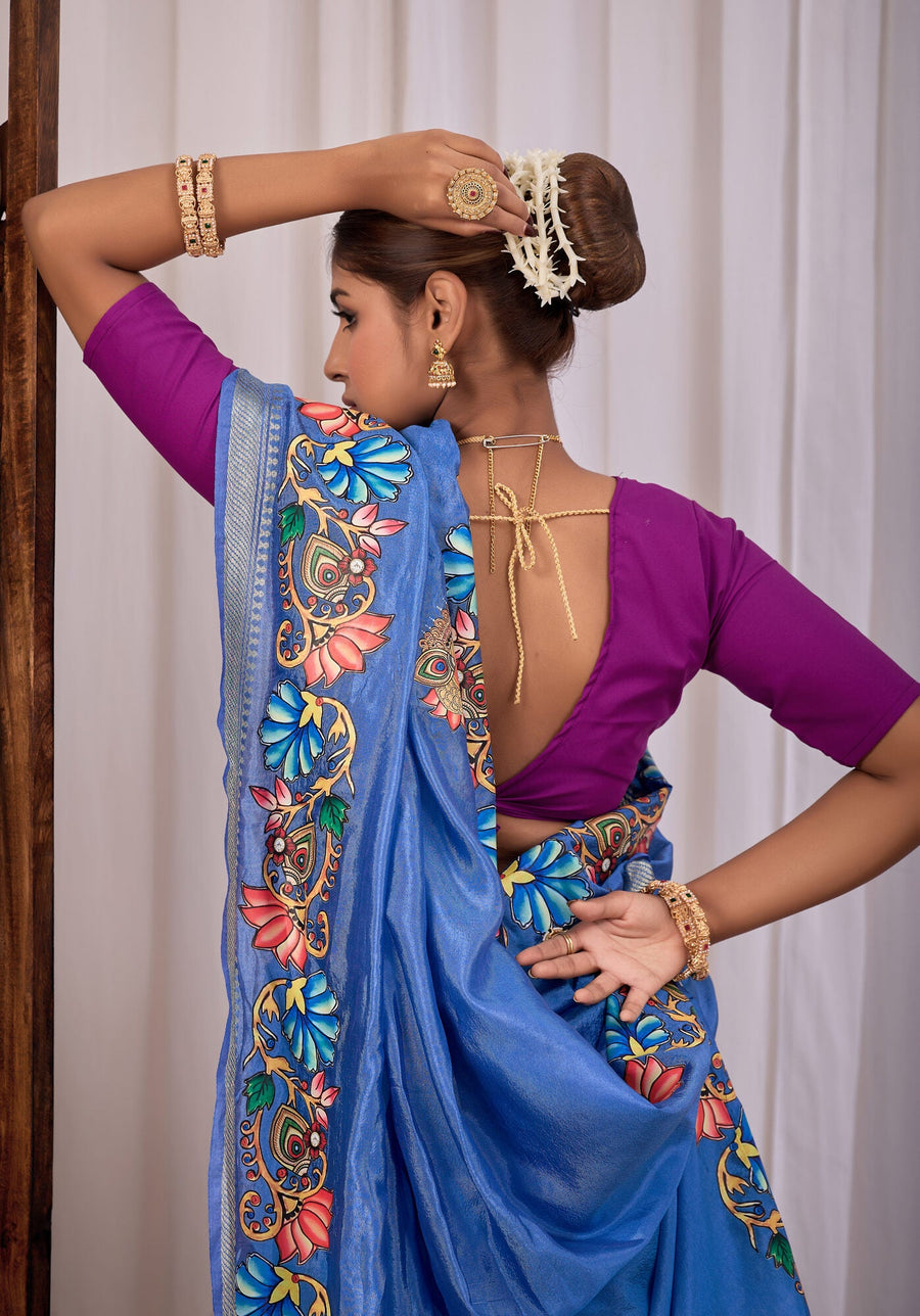 Jalaja Cornflower Blue Banana Silk Saree — fabric detail