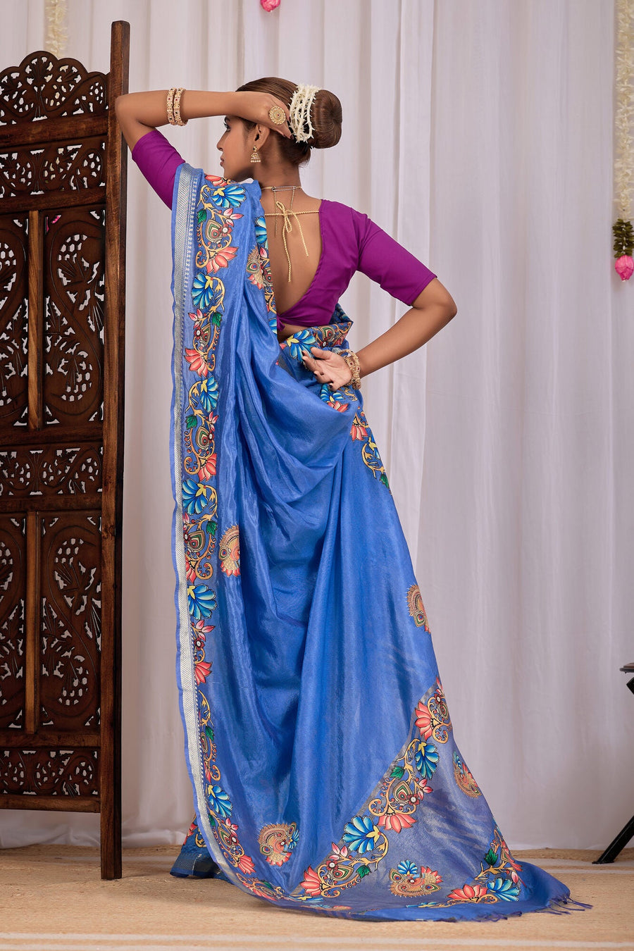 Jalaja Cornflower Blue Banana Silk Saree — draped view