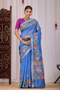 Jalaja Cornflower Blue Banana Silk Saree — front view