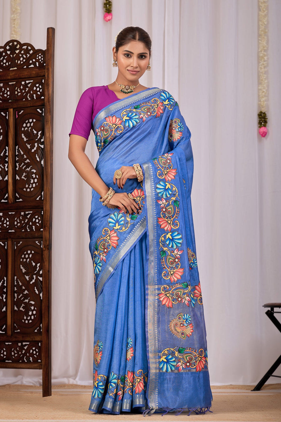 Jalaja Cornflower Blue Banana Silk Saree — front view