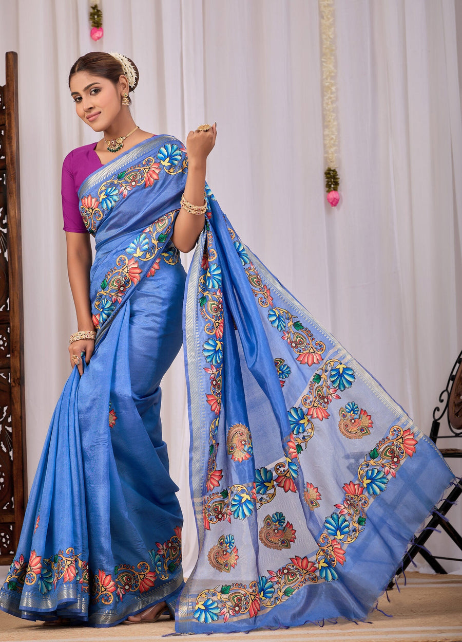 Jalaja Cornflower Blue Banana Silk Saree — pallu detail