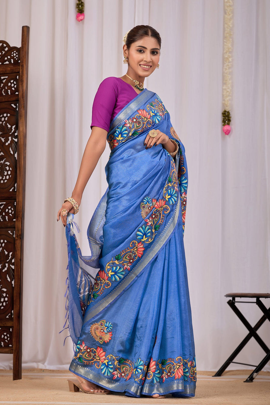 Jalaja Cornflower Blue Banana Silk Saree — side view
