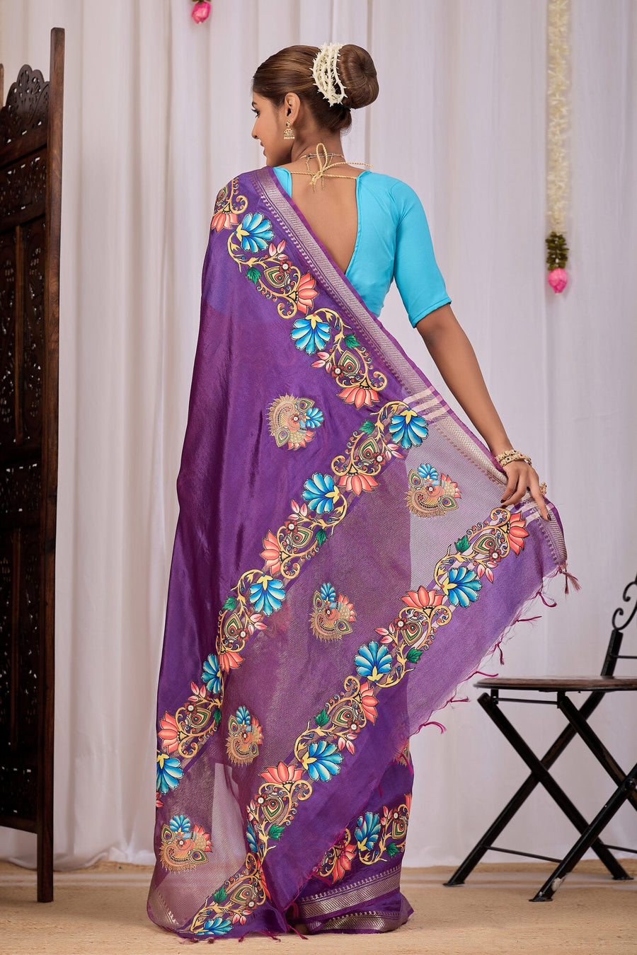 Kalika Grape Purple Banana Silk Saree — back view