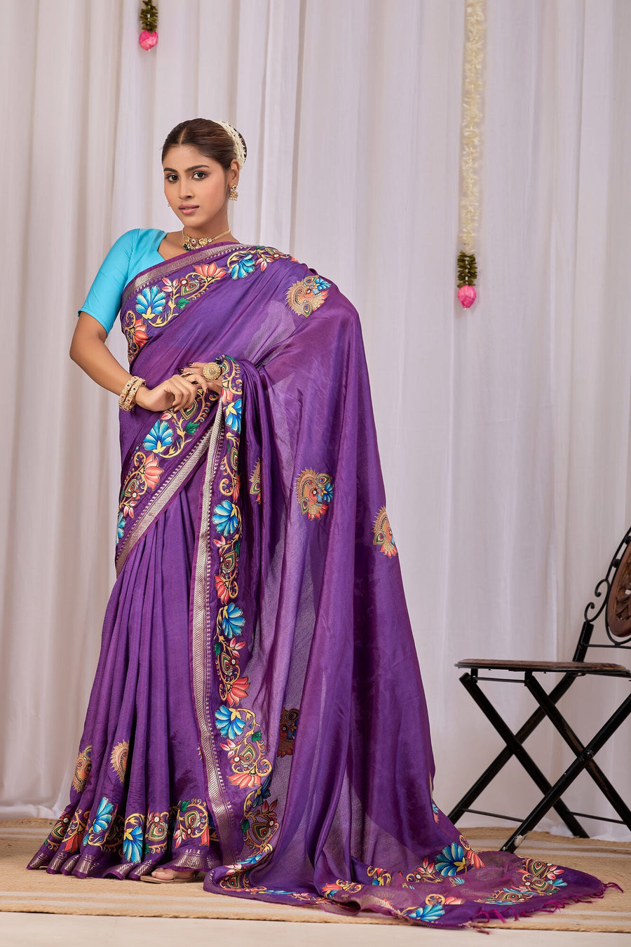 Kalika Grape Purple Banana Silk Saree — draped view