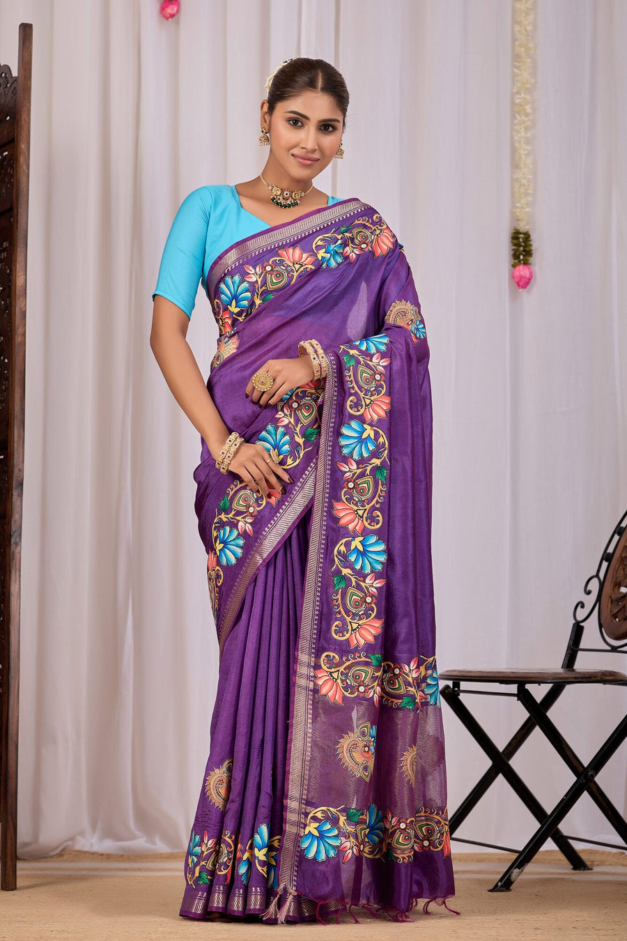 Kalika Grape Purple Banana Silk Saree — front view
