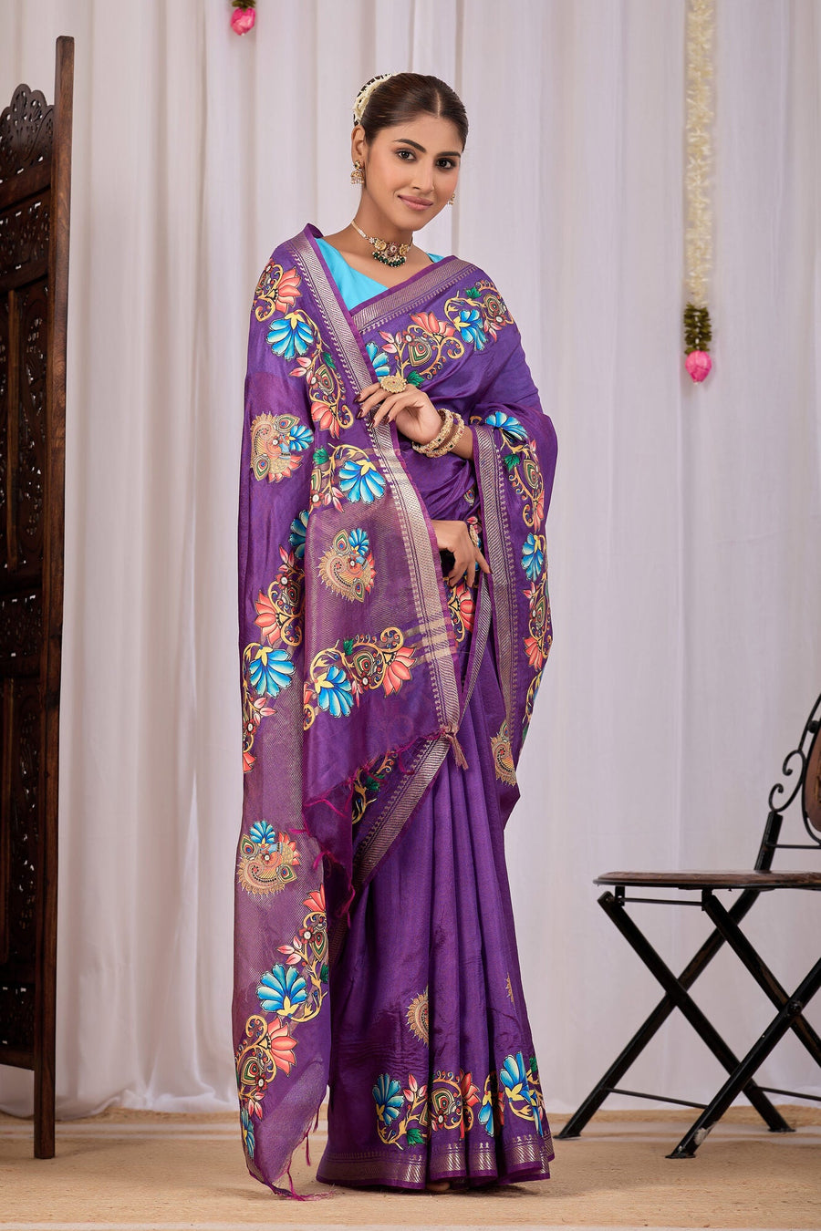Kalika Grape Purple Banana Silk Saree — side view