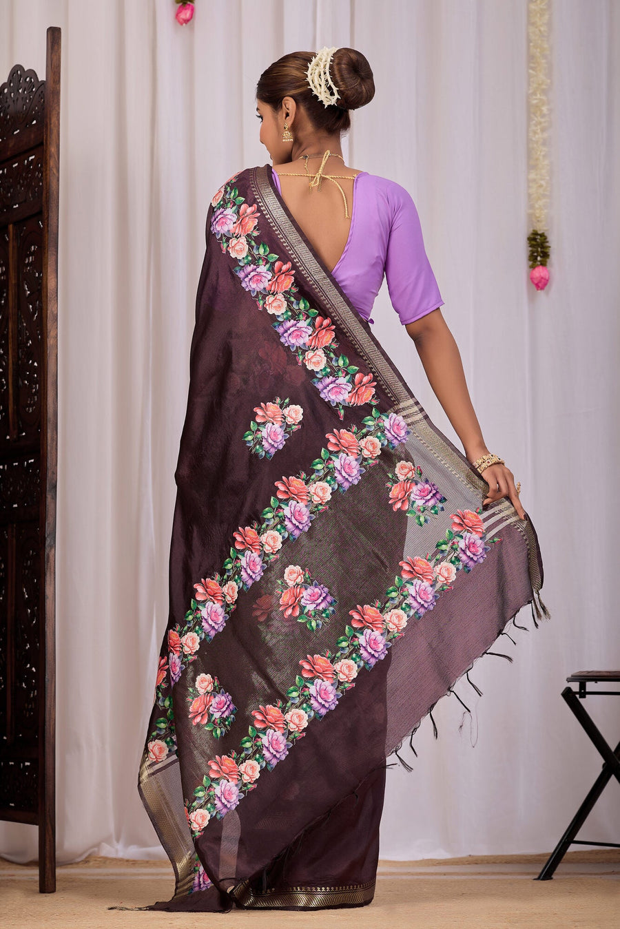 Kapila Deep Coffee Banana Silk Saree — back view