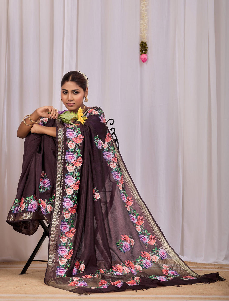 Kapila Deep Coffee Banana Silk Saree — draped view