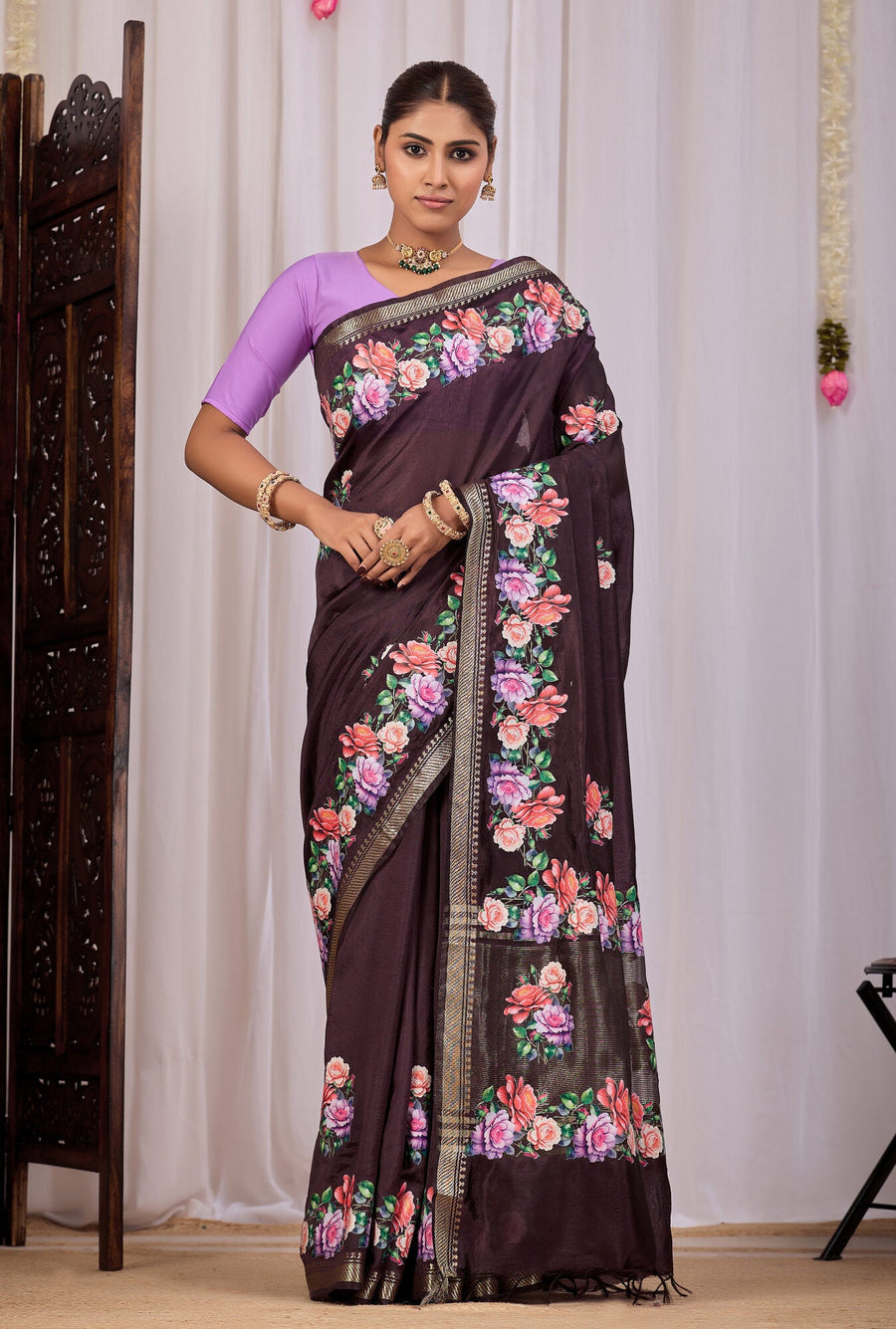 Kapila Deep Coffee Banana Silk Saree — front view