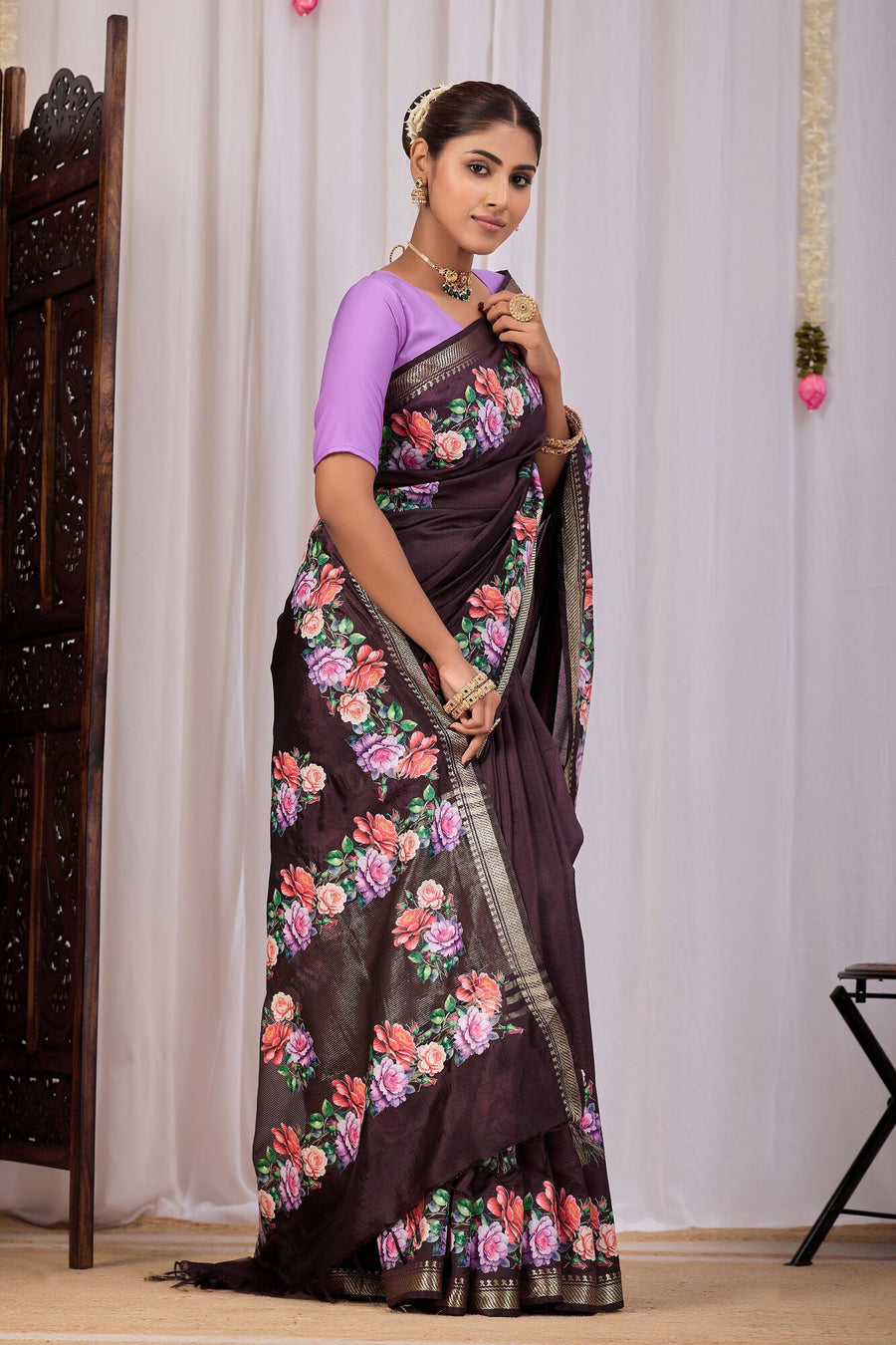 Kapila Deep Coffee Banana Silk Saree — side view