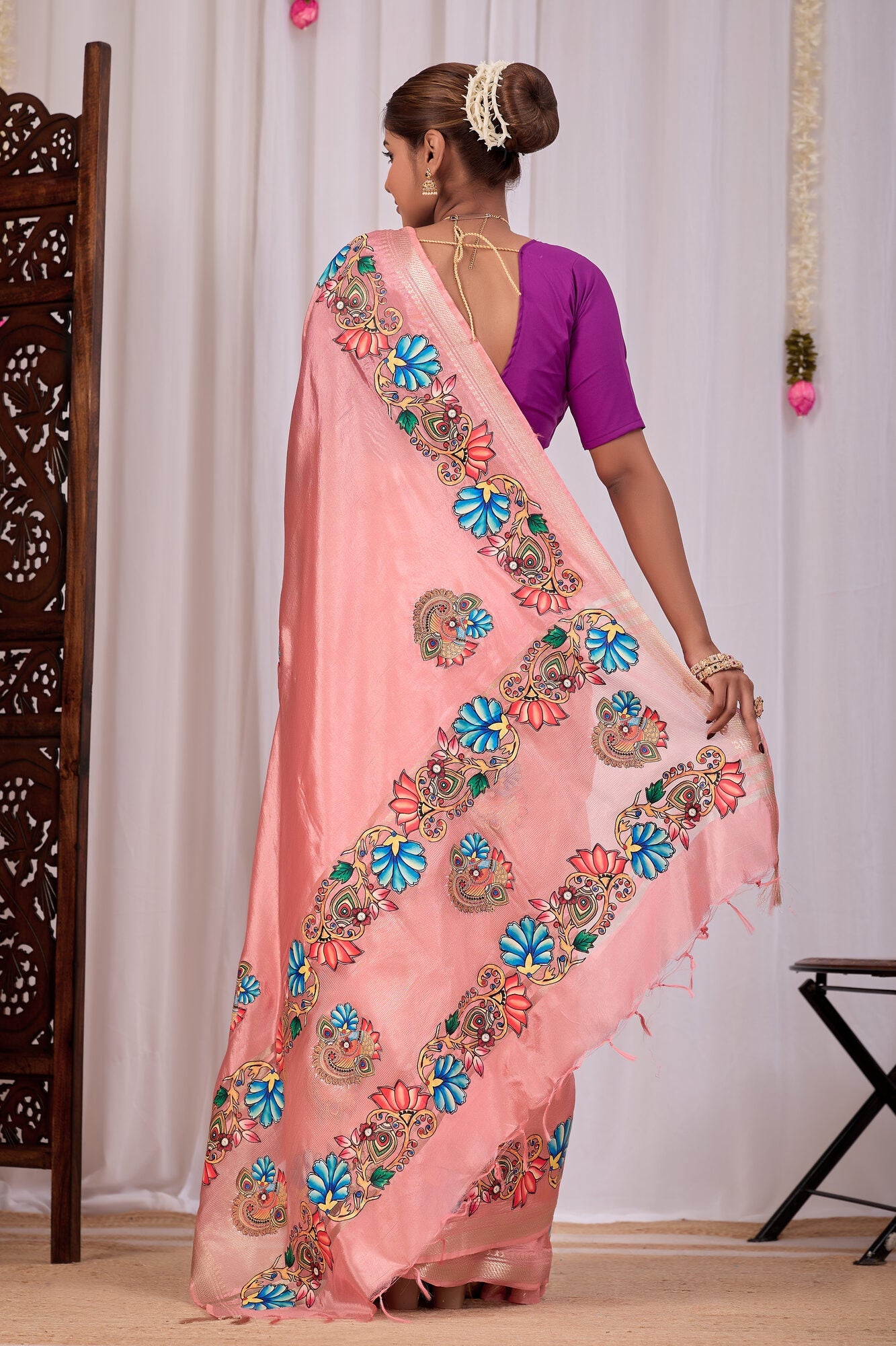 Komal Peach Banana Silk Saree — back view