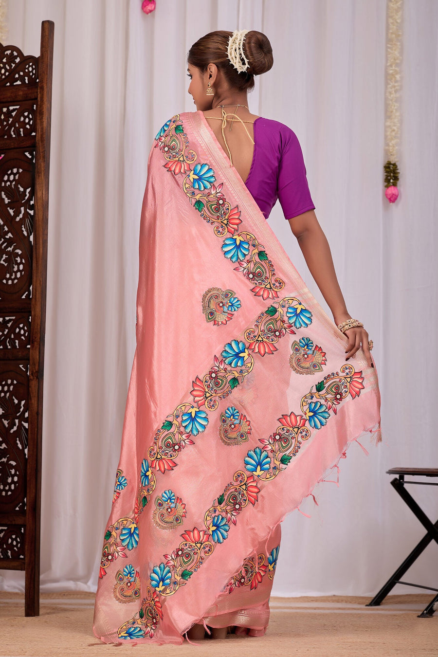 Komal Peach Banana Silk Saree — back view