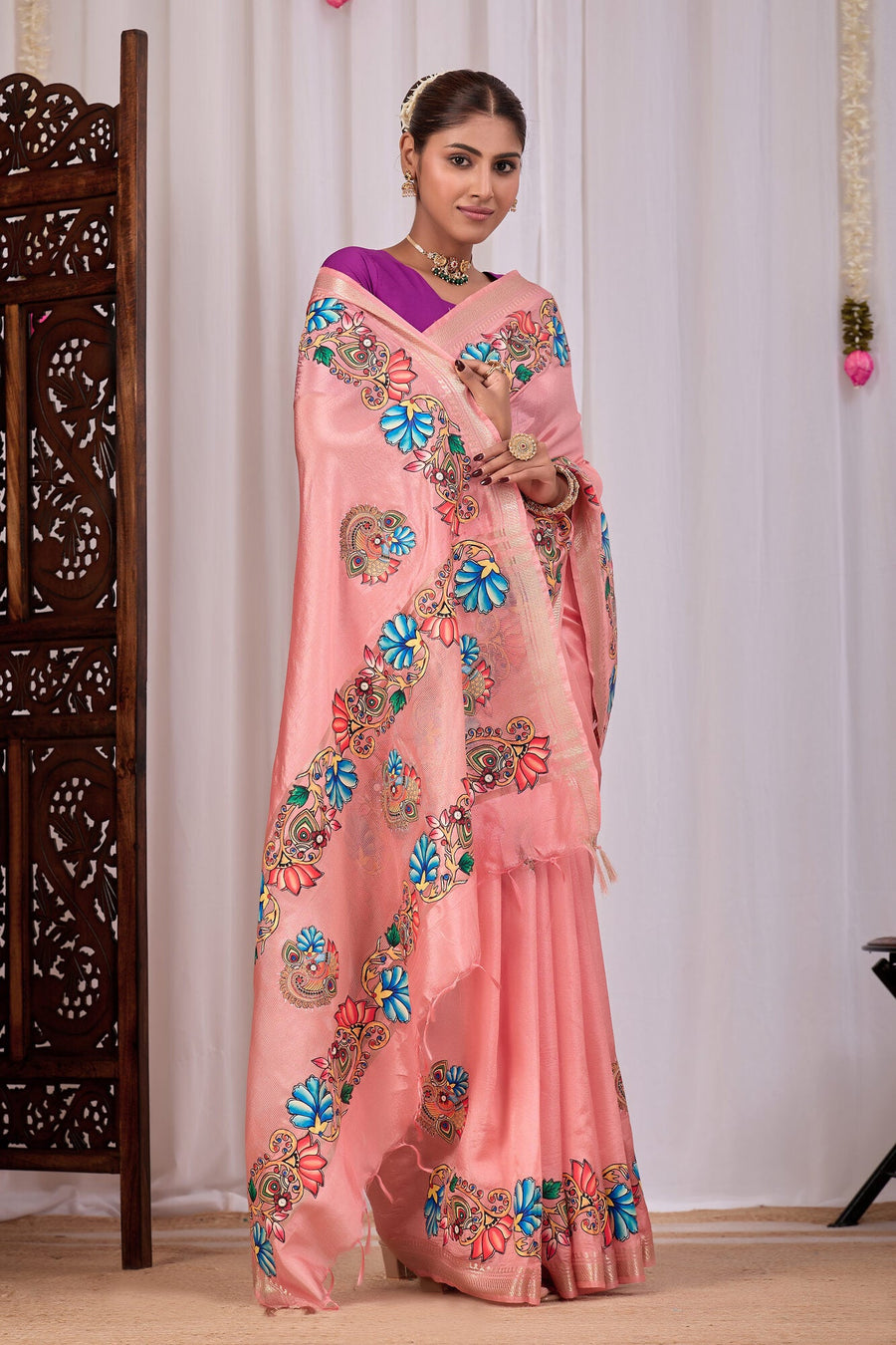 Komal Peach Banana Silk Saree — side view