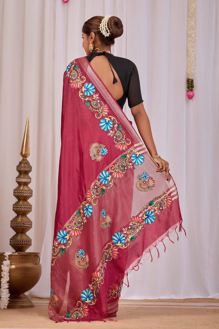 Madira Wine Banana Silk Saree — back view