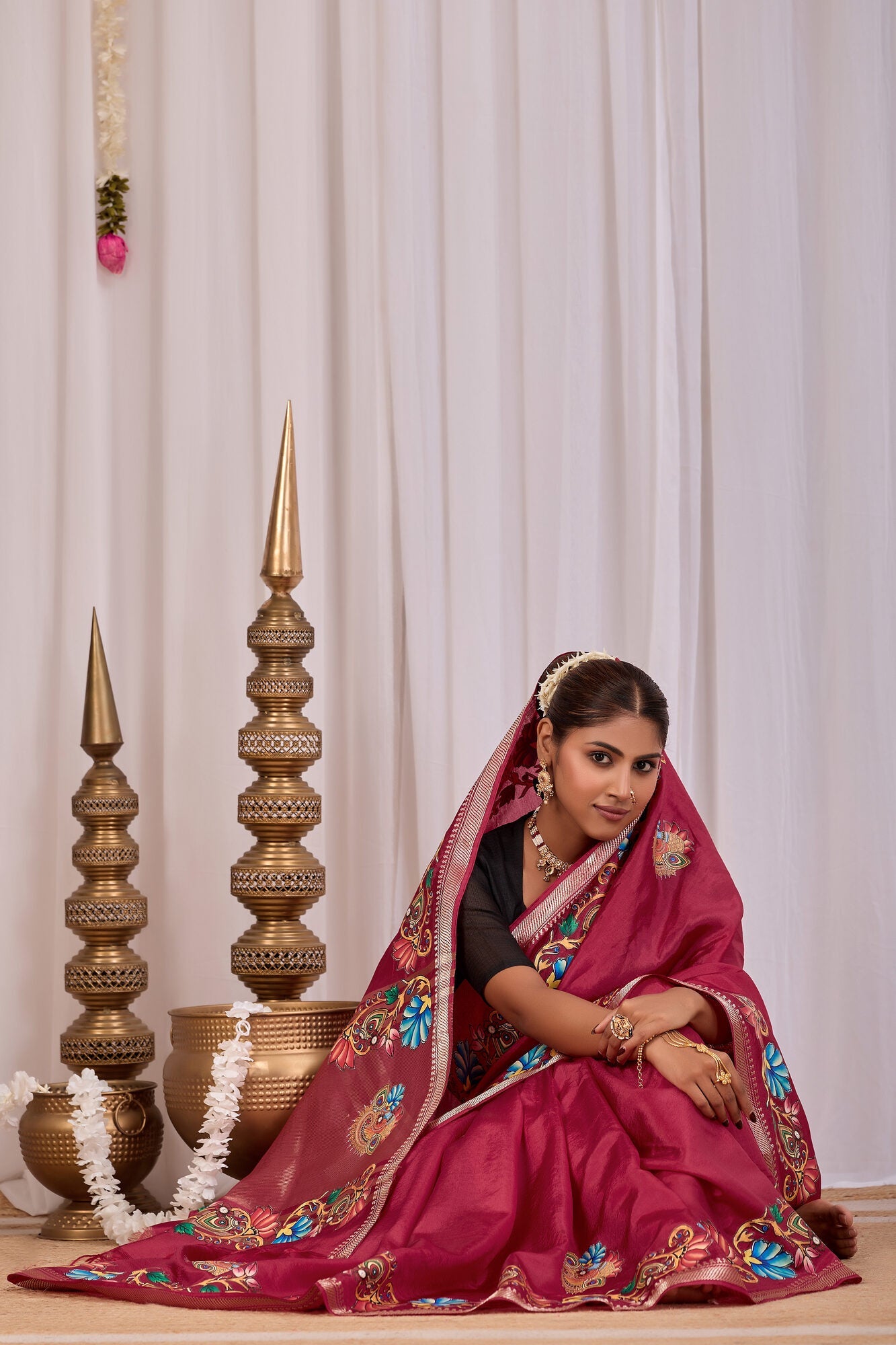 Madira Wine Banana Silk Saree — draped view