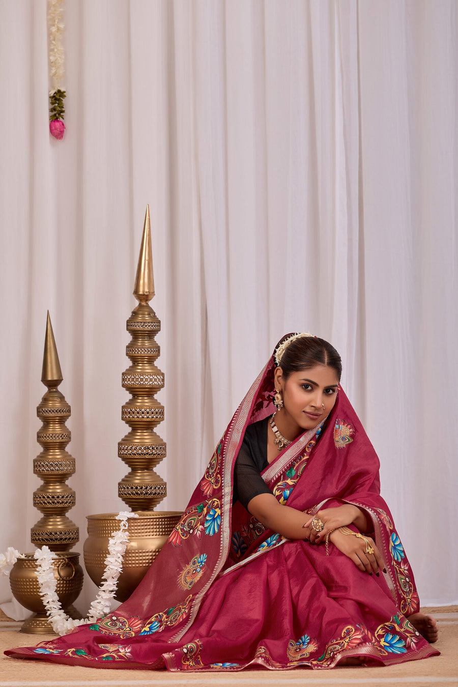 Madira Wine Banana Silk Saree — draped view