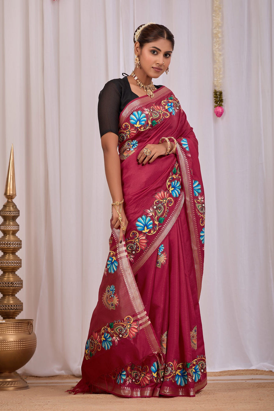 Madira Wine Banana Silk Saree — side view