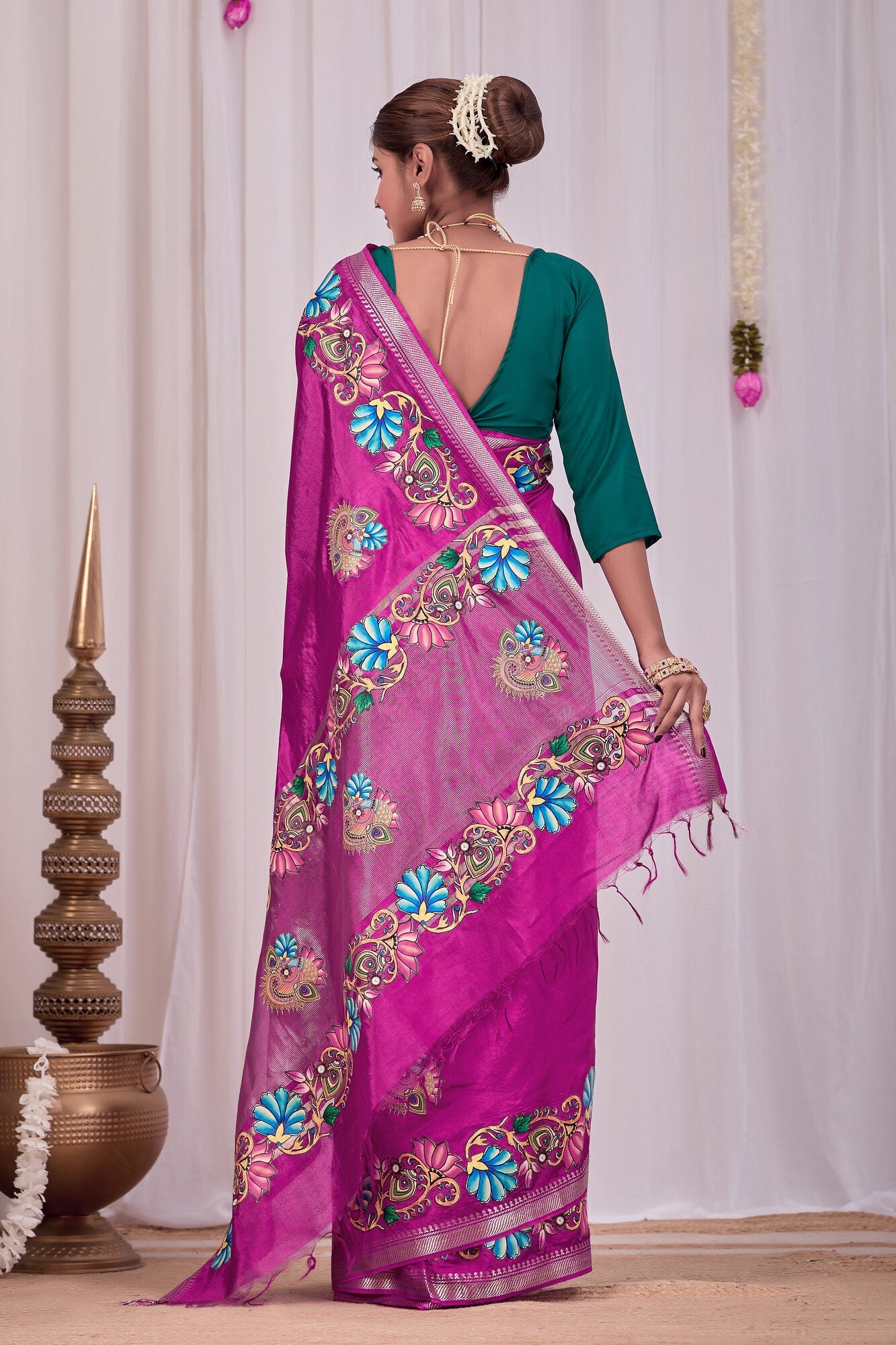 Meena Magenta Banana Silk Saree — back view