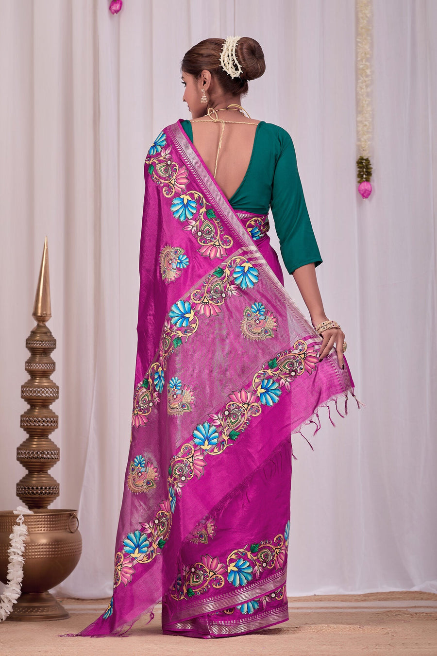 Meena Magenta Banana Silk Saree — back view