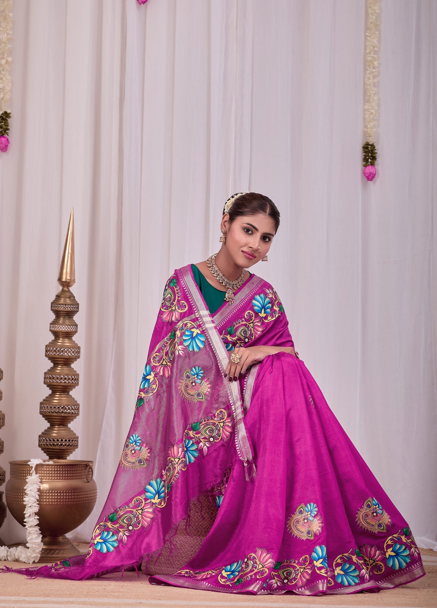 Meena Magenta Banana Silk Saree — draped view