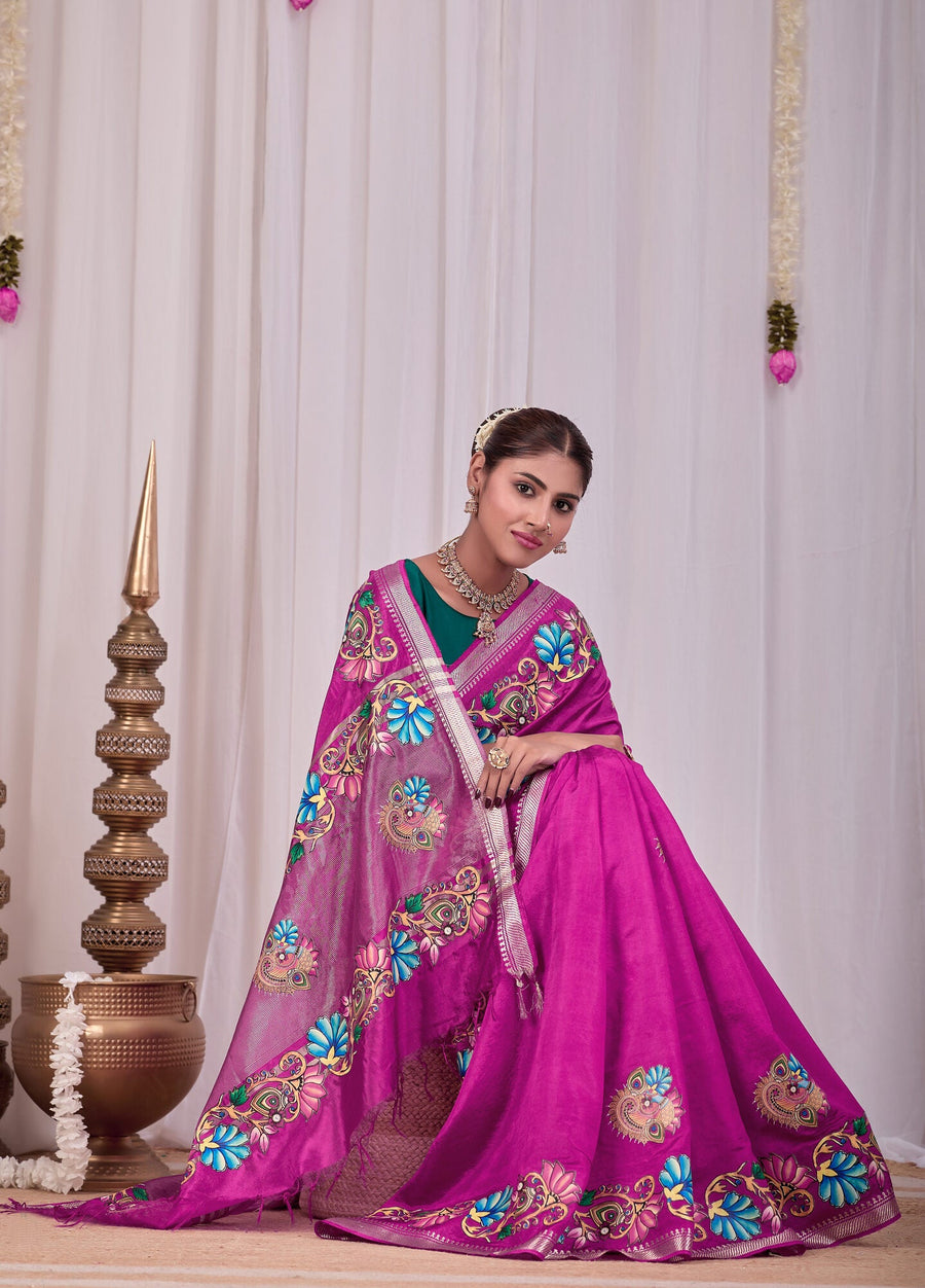 Meena Magenta Banana Silk Saree — draped view