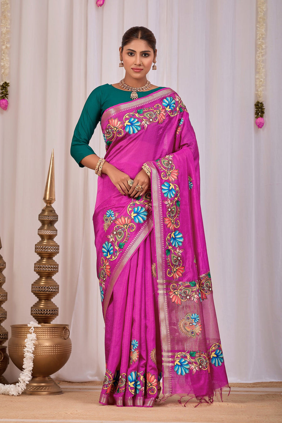 Meena Magenta Banana Silk Saree — front view